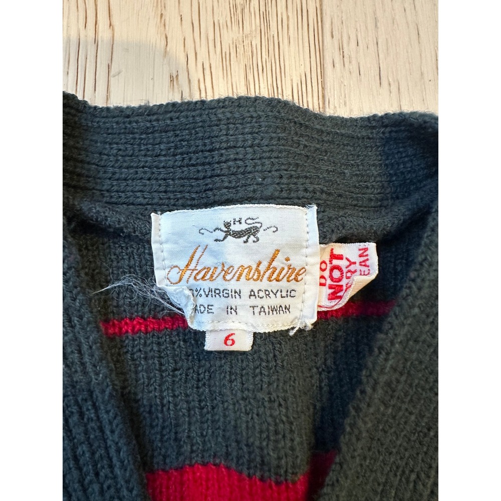 Vintage Havenshire Kids Green Red Striped Knit Cardigan Sweater Size 6 - Picture 2 of 3